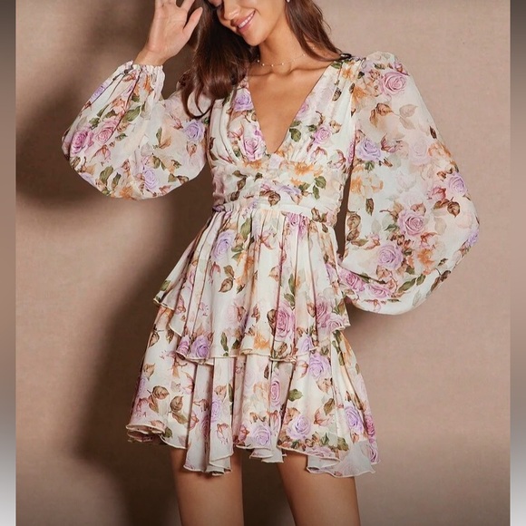 Boho floral print bell sleeve mini dress